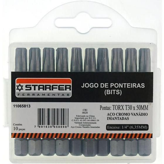 Imagem de Jogo 10 Bits Ponta Torx 30 Para Parafusadeira 50Mm Starfer