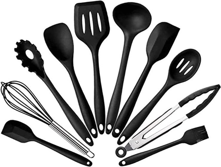 Imagem de Jogo 10 Colheres De Silicone Cabo Inox Utensílios Cozinha