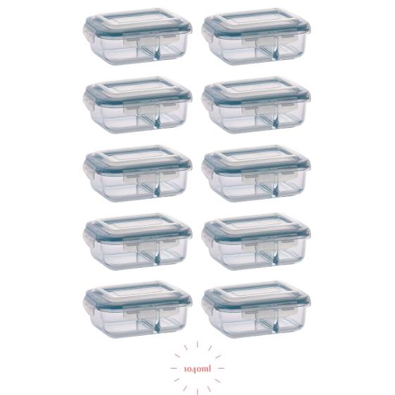 Jogo 10 Potes 1040ml com Divisória Vidro Hermético Vedação Menor preço em Jogo 10 Potes 1040ml com Divisória Vidro Hermético Vedação