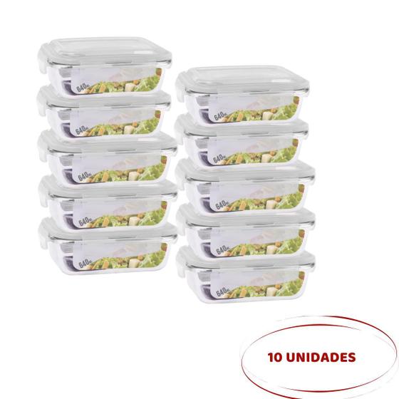 Jogo 10 Potes Vidro Retangular Hermetico 640ml Resistente Menor preço em Jogo 10 Potes Vidro Retangular Hermetico 640ml Resistente