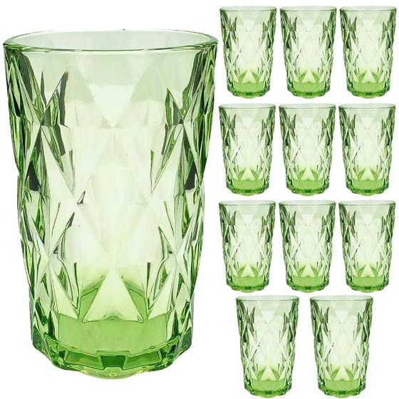 Imagem de Jogo 12 Copos de Vidro Diamante Verde Transparente Luxo 350ml Grosso Resistente Drinks Diamond