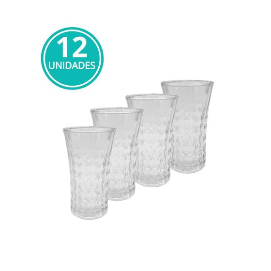 Imagem de Jogo 12 Copos de Vidro Diamond Água Suco Vitamina Coquetel Long Drink Multiuso 260ML