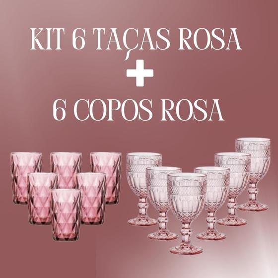 Imagem de Jogo 12 peças Copos 350ml e Taças 340ml Diamond Rosa Agua suco Drinks Vinho Cerveja