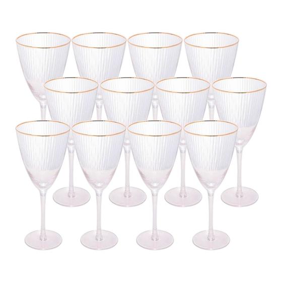 Imagem de Jogo 12 Taças de Vinho com Borda Dourada Lines Vidro Transparente 400ml Wolff