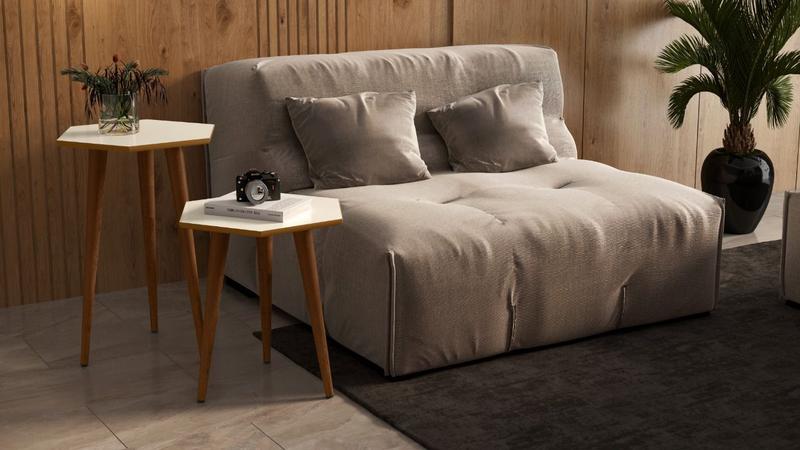 Imagem de Jogo 2 mesas Sala Estilo Retrô Pés Palito, lateral e apoio cor Off White com freijó - Comprar Móveis em Casa