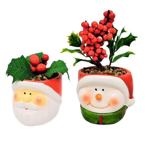 Imagem de Jogo 2 Mini Vasos Decorativos Cerâmica Natal Papai Noel e Boneco de Neve Folhagens e Berries 13cm - Master Christmas