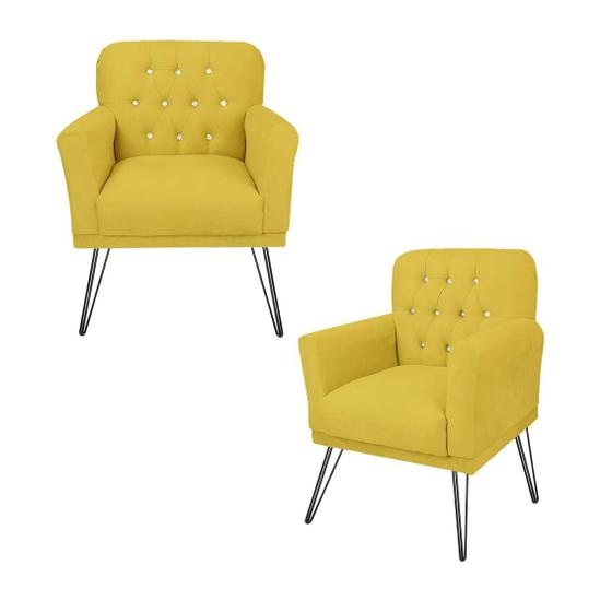 Imagem de Jogo 2 Poltronas Decorativa Para Consultório Pés de Ferro Anitta Suede Amarelo - LM DECOR