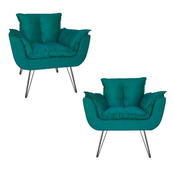 Imagem de Jogo 2 Poltronas Decorativas Quarto Closet Pés de Ferro Opala Suede Azul Turquesa - DL Decor