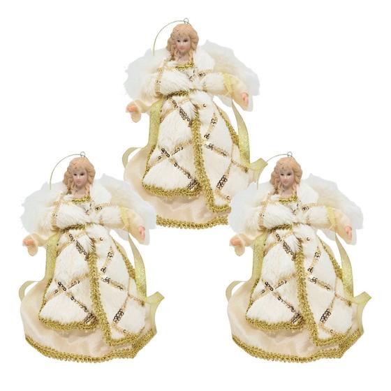 Imagem de Jogo 3 Anjos Natal Pendente Veludo Luxo Branco e Dourado 17cm - Noel Decor