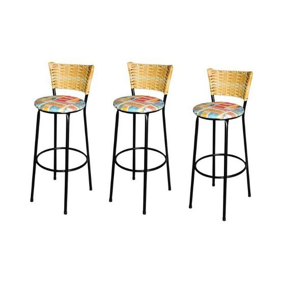 Imagem de Jogo 3 Banqueta Alta Para Cozinha Ratan Palha Preta Estofado Cerveja