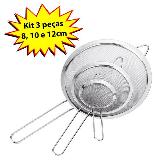 Jogo 3 Peneiras Aço Inox Luxo P M G Utensílios De Cozinha 8cm, 10cm e 12cm Menor preço em Jogo 3 Peneiras Aço Inox Luxo P M G Utensílios De Cozinha 8cm, 10cm e 12cm