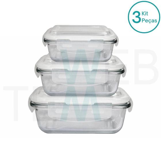 Imagem de Jogo 3 Potes Herméticos Marmita de Vidro Retangular 370ml, 640ml e 1040ml Tampa BPA Free: Organização de Cozinha com Sustentabilidade e Praticidade