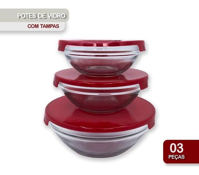 Imagem de Jogo 3 potes tigelas de vidro com tampa vermelho