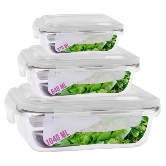 Imagem de Jogo 3 Potes Vidro Hermetico 3 Tamanhos Retangular 4 Travas