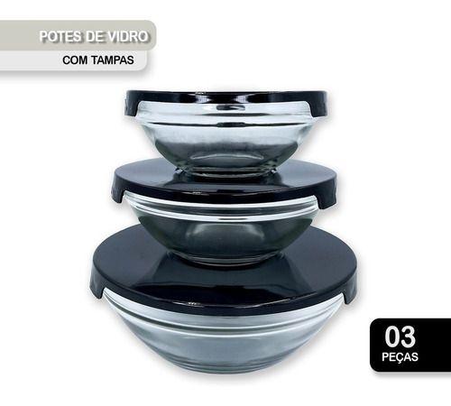 Imagem de Jogo 3 tigelas potes bows vasilha de vidro com tampa kit