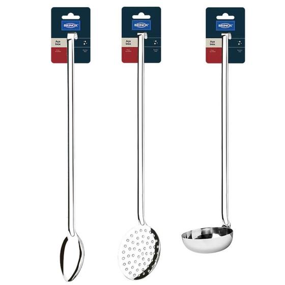 Imagem de Jogo 3 Utensílios Restaurante Escumadeira Colher de Arroz Concha Grandes Brinox Cozinha Industrial Inox