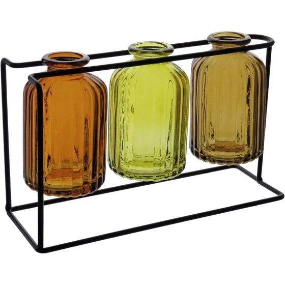 Imagem de Jogo 3 vasos decoratiuvos enfeite casa garrafa home&co com suporte metal vidro âmbar