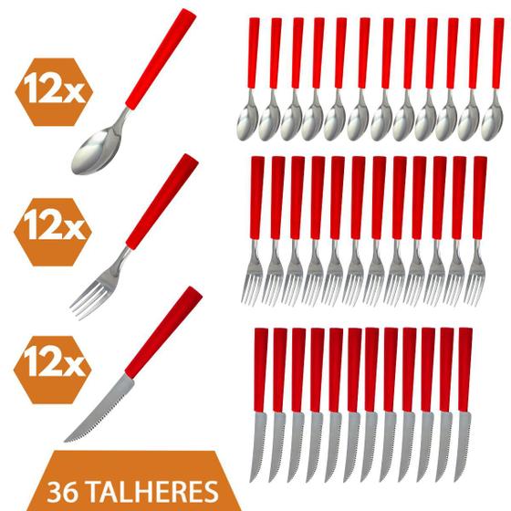 Jogo 36 Talheres Garfo Faca Colher Cabo Vermelho Fortaleza Menor preço em Jogo 36 Talheres Garfo Faca Colher Cabo Vermelho Fortaleza