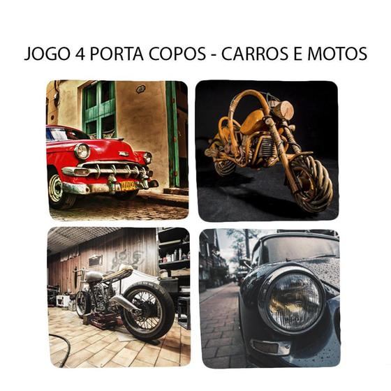 Imagem de Jogo 4 Bolacha de Chopp Personalizado Carro Moto Antiga Quadrado