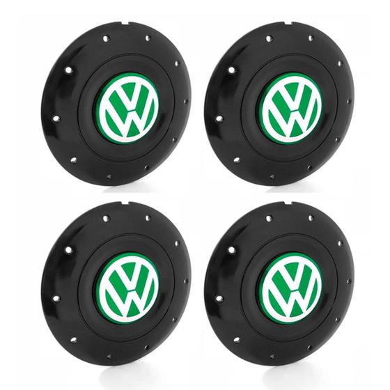 Imagem de Jogo 4 Calota Centro Roda Ferro VW Amarok Aro 14 15 5 Furos Preta Brilhante Emblema Verde