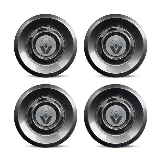 Imagem de Jogo 4 Calota Centro Roda VW Saveiro Modelo Novo 4 Furos Grafite Brilhante Emblema Renault Prata