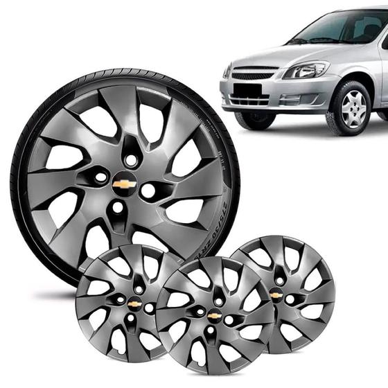 Jogo 4 Calota Chevrolet GM Celta Aro 13 Grafite Brilhante Emblema Preto Menor preço em Jogo 4 Calota Chevrolet GM Celta Aro 13 Grafite Brilhante Emblema Preto
