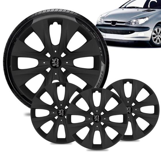 Imagem de Jogo 4 Calota Peugeot 206 Aro 14 Preta Fosca Emblema Preto