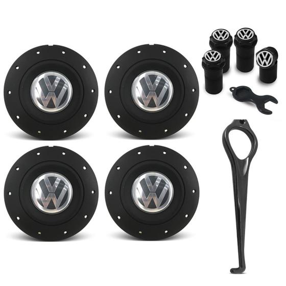 Imagem de Jogo 4 Calota Roda Ferro VW Amarok Preta F P Gol Bola + Chave de Remoção + Bico Válvula Preto