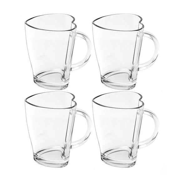 Imagem de Jogo 4 Canecas Xícara Coração Vidro Chá Café Transparente