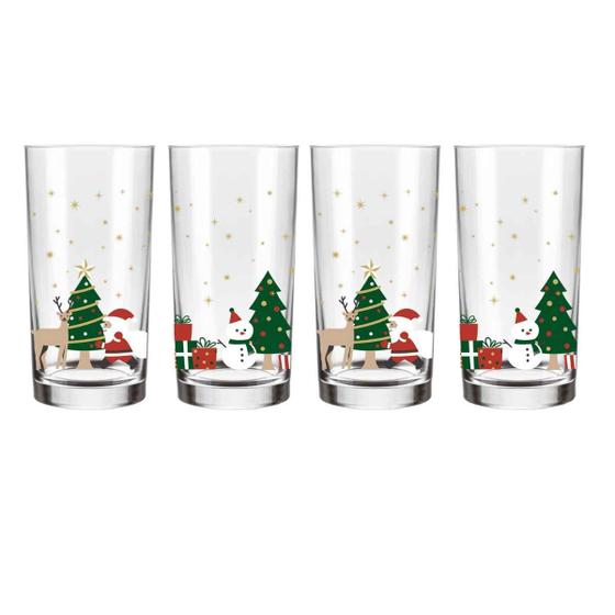 Imagem de Jogo 4 Copos Decoração De Natal Long Drink 300mL Em Vidro  AllMix  Kit Conjunto Festas Papai Noel