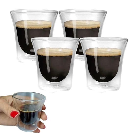 Imagem de Jogo 4 Copos Parede Dupla Vidro 90Ml Café Chá Bar Drink
