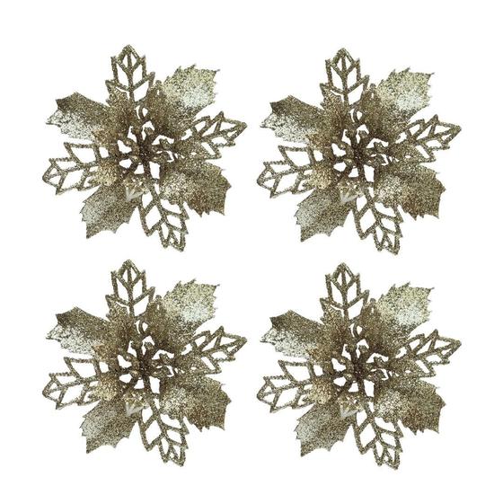 Jogo 4 Flores Bico de Papagaio Champanhe Natal Pick Glitter 9cm com Presilha - Magizi - Yangzi Imagem de Jogo 4 Flores Bico de Papagaio Champanhe Natal Pick Glitter 9cm com Presilha - Magizi