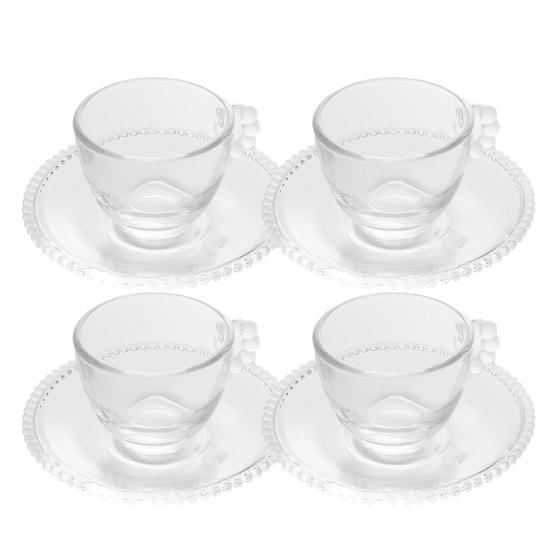 Imagem de Jogo 4 Xícara de Chá com Pires Cristal Transparente Pearl Pérola 180ml Wolff