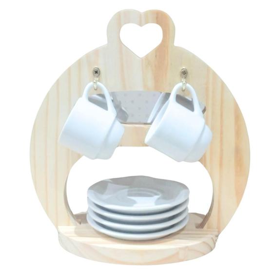 Imagem de Jogo 4 Xicaras Café hotel 80ml Empilháveis c/ pires e suporte pinus coração - Kit Porcelana Branca