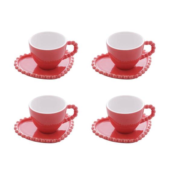 Imagem de Jogo 4 Xícaras De Café 95ml Com Pires Coração Beads Wolff Vermelho