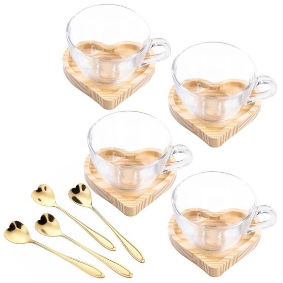 Imagem de jogo 4 xícaras de chá 4 pires madeira e 4 colheres coraçao