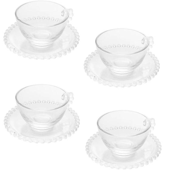 Imagem de Jogo 4 Xícaras de Chá com Pires Café 180ml Cristal Wolff Pearl Incolor Mesa Posta