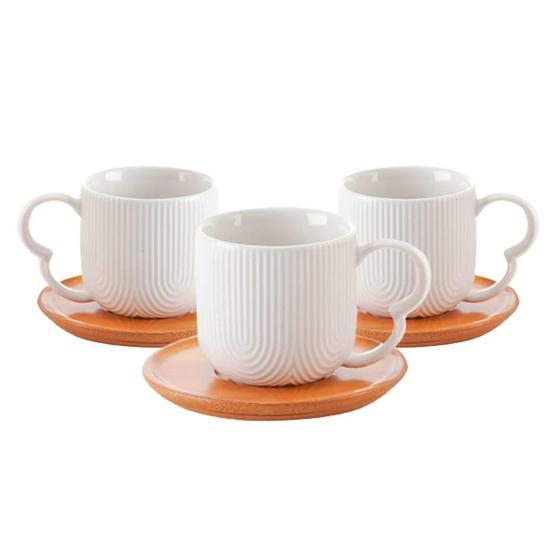 Imagem de Jogo 4 Xícaras Porcelana Branco De Café Chá Com Pires de Bambu Madeira  Oásis 90ml 