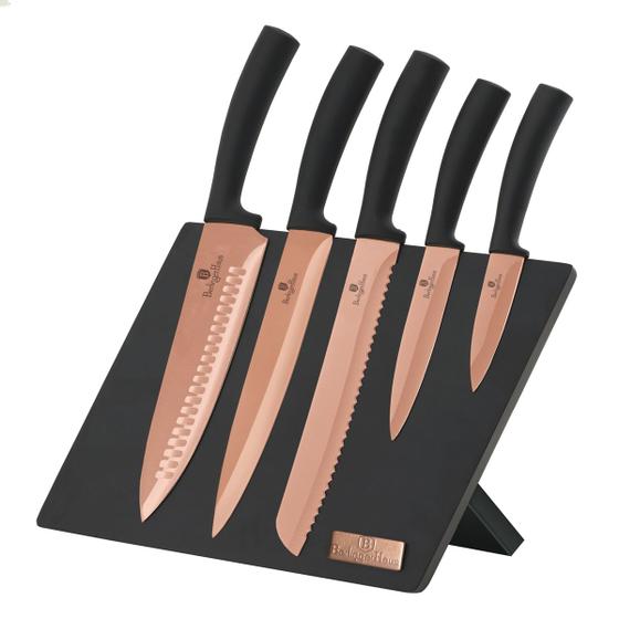 Imagem de Jogo 5 Facas E Suporte Prancha Imã Rose Gold Berlinger Haus Pão Chef Churrasco Utensílios Cozinha Corte Santoku Utilidades Descascar