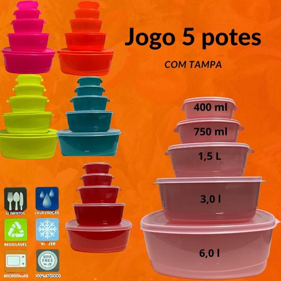 Imagem de Jogo 5 Potes Retangular com tampa e alça comida salada