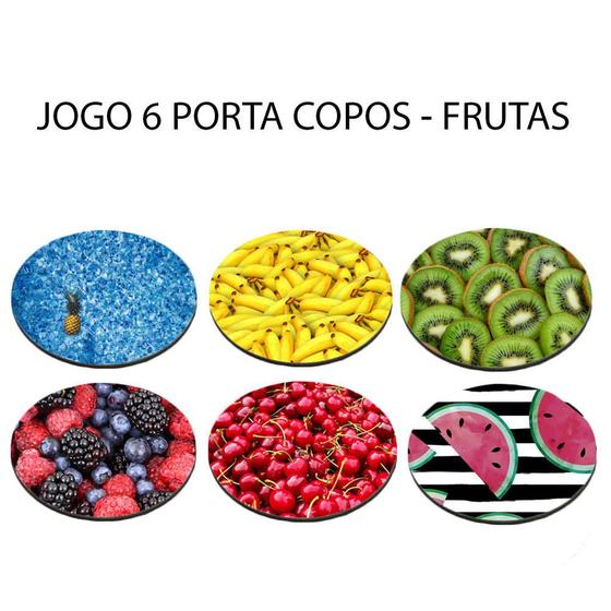 Imagem de Jogo 6 Apoio de Copos Neoprene Desenho de Melancia Kiwi e mais Redondo