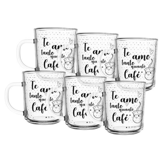 Imagem de Jogo 6 Caneca de Café Te Amo Vidro Transparente 220ml Xícara Lyor