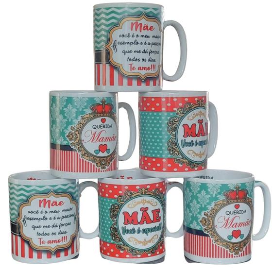 Imagem de Jogo 6 canecas 300ml Frases Mãe - Kit Porcelana - Decoração Caneca Completa Verde e Vermelho