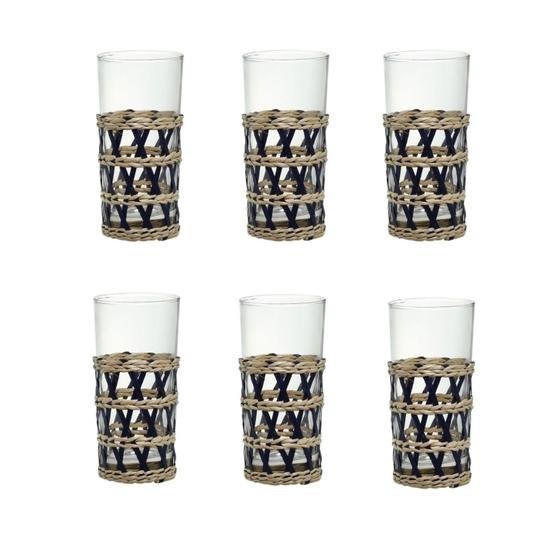 Jogo 6 Copos Altos Com Rattan - Palha Natural e Azul (400ml) Menor preço em Jogo 6 Copos Altos Com Rattan - Palha Natural e Azul (400ml)