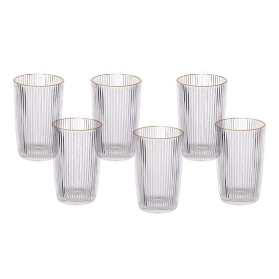 Imagem de Jogo 6 Copos De Vidro Alto Long Drink Borda Dourada Canelado 370ml