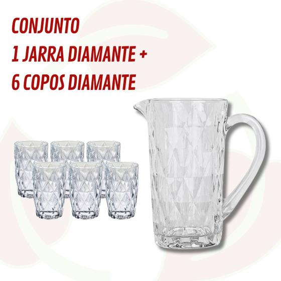 Imagem de Jogo 6 Copos Vidro 370 ML e 1 Jarra Diamante 1 L Resistentes