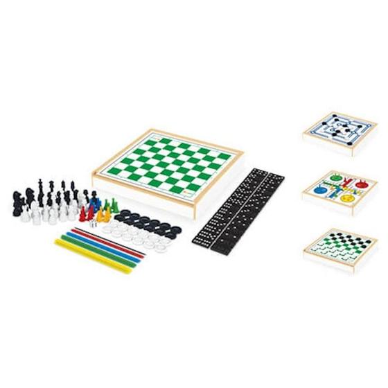 Imagem de Jogo 6 em 1 em madeira - xadrez,damas,ludo,trilha,dominó e pega varetas - jungee 716