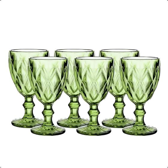 Imagem de Jogo 6 Para Taças Água Vinho Vidro Diamante 300ml Verde Decoração Mesa Posta
