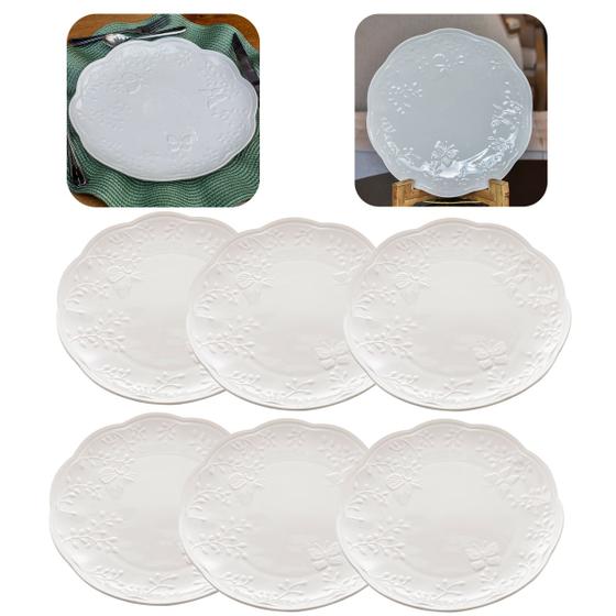 Imagem de Jogo 6 Pratos Rasos De Porcelana Florido Borboletas 27cm Branco New Bone - Lyor