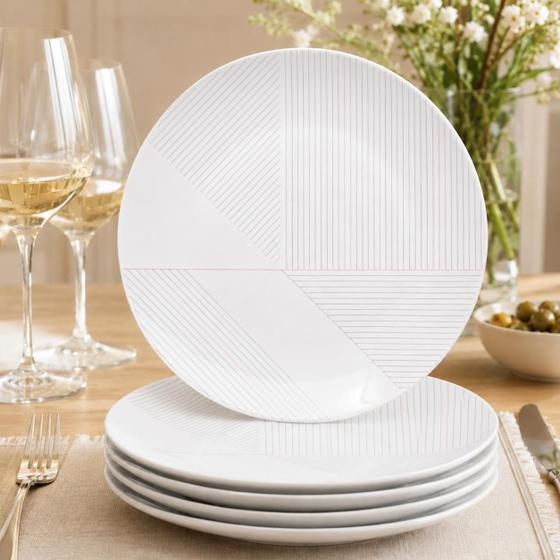 Jogo 6 Pratos Sobremesa Redondo Tramontina Porcelana Decorada Mesa Posta Sofisticada Premium 21cm